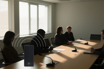 Anti-eavesdropping microphone jammer on conference table