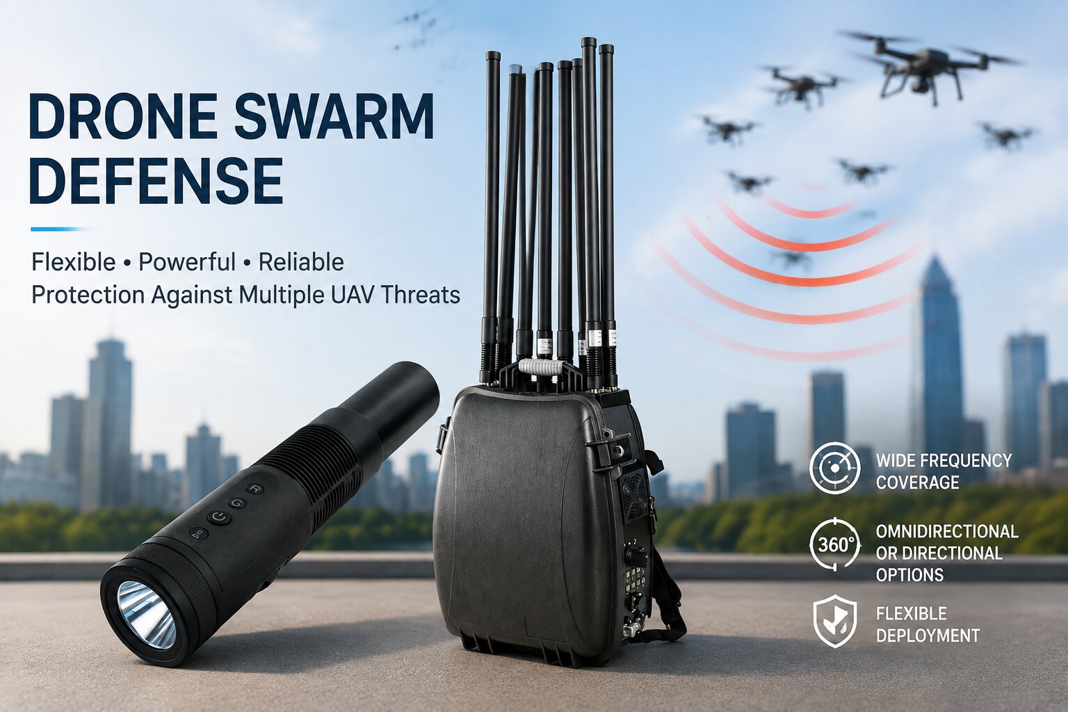 Anti drone signal scrambler for drone swarm defense and multi-UAV protection