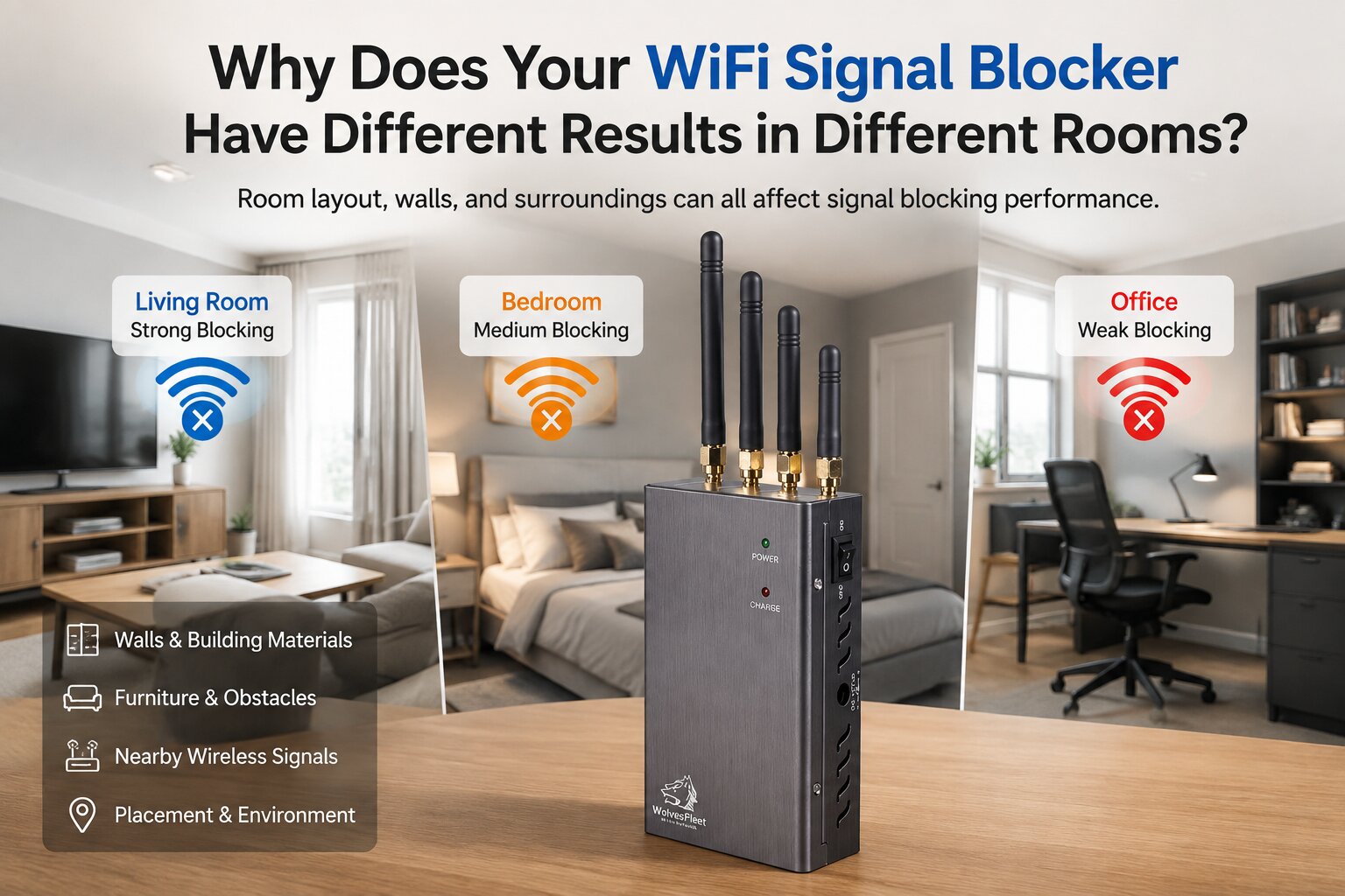 Signal differences of wireless network jammers in different rooms
